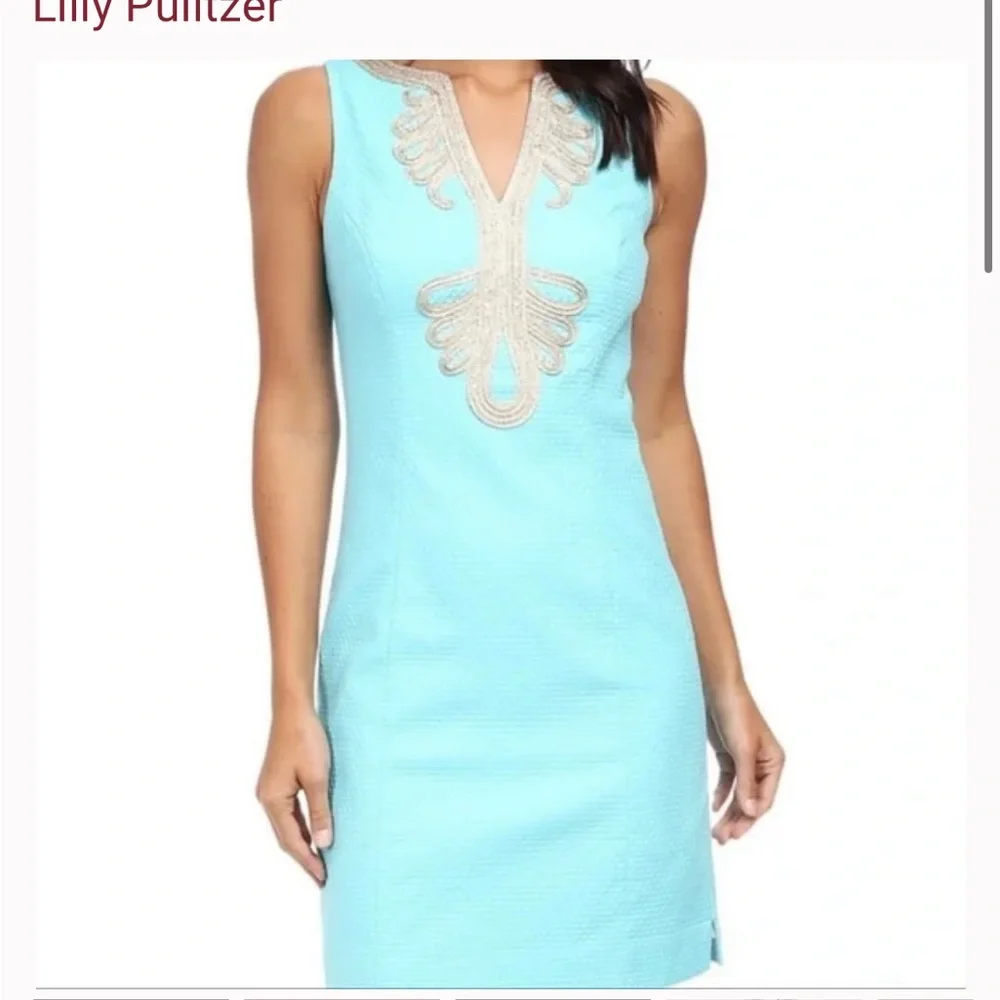 Lilly Pulitzer Janice Shift Dress in Shorely Blue with Metallic Gold N… - Picture 2 of 10